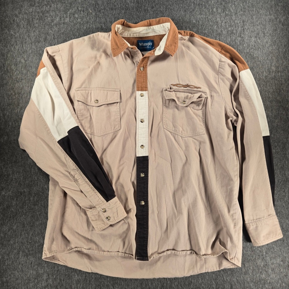 Vintage Wrangler Pearl Snap Shirt Mens XL Tan Colorblock Barbed Wire Long Sleeve